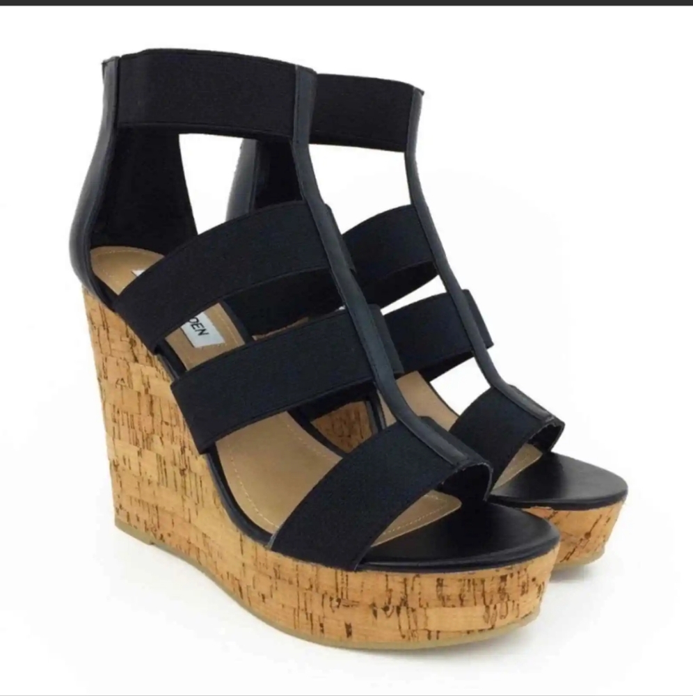 Steve Madden Selina's Black Elastic Strappy Cork Wedge Sandals Sz 8